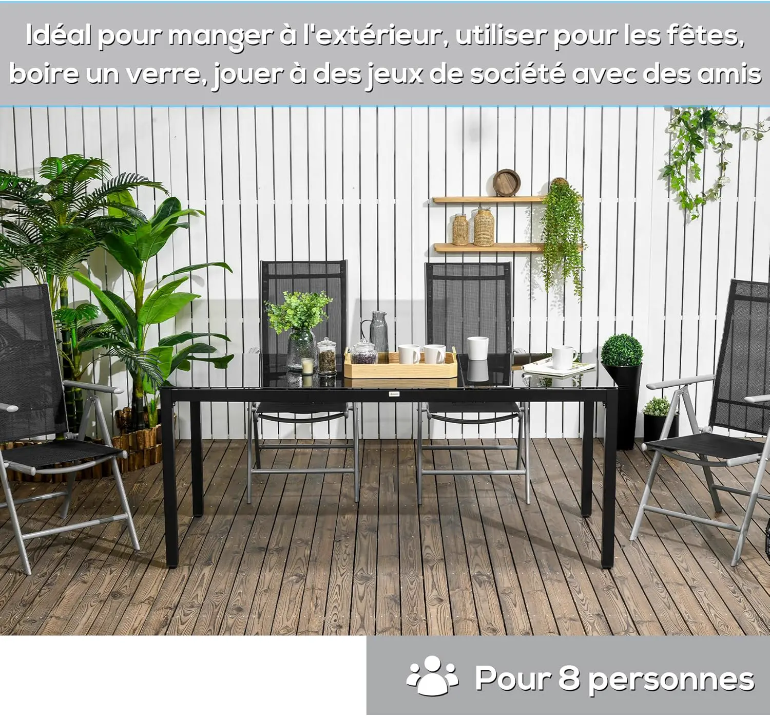 Table de jardin 8 places en aluminium noir 80 x 72 cm vue 6