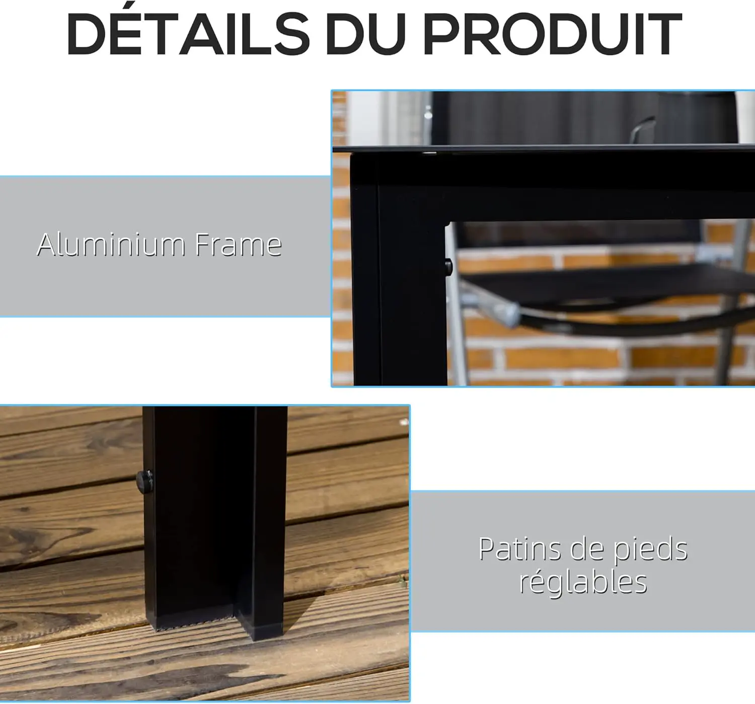 Table de jardin 8 places en aluminium noir 90x74cm vue 5
