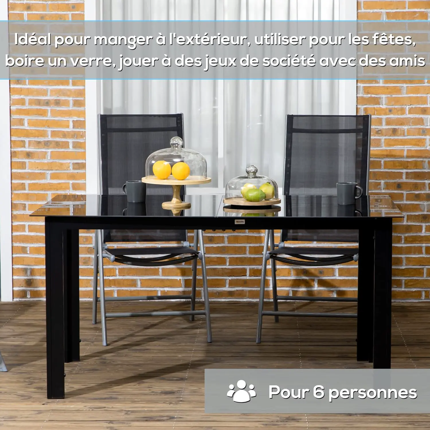 Table de jardin 8 places en aluminium noir 90x74cm vue 6