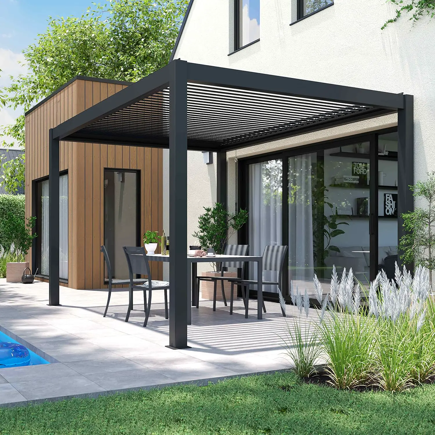 Pergola gris 3 x 4 m autoportée 3 stores vue 3