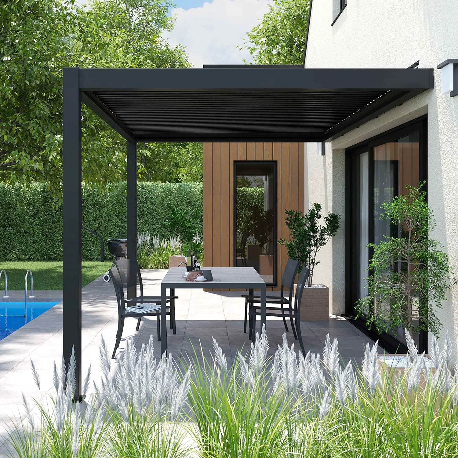 Pergola en aluminium 3x4m adossée 1 store vue 3