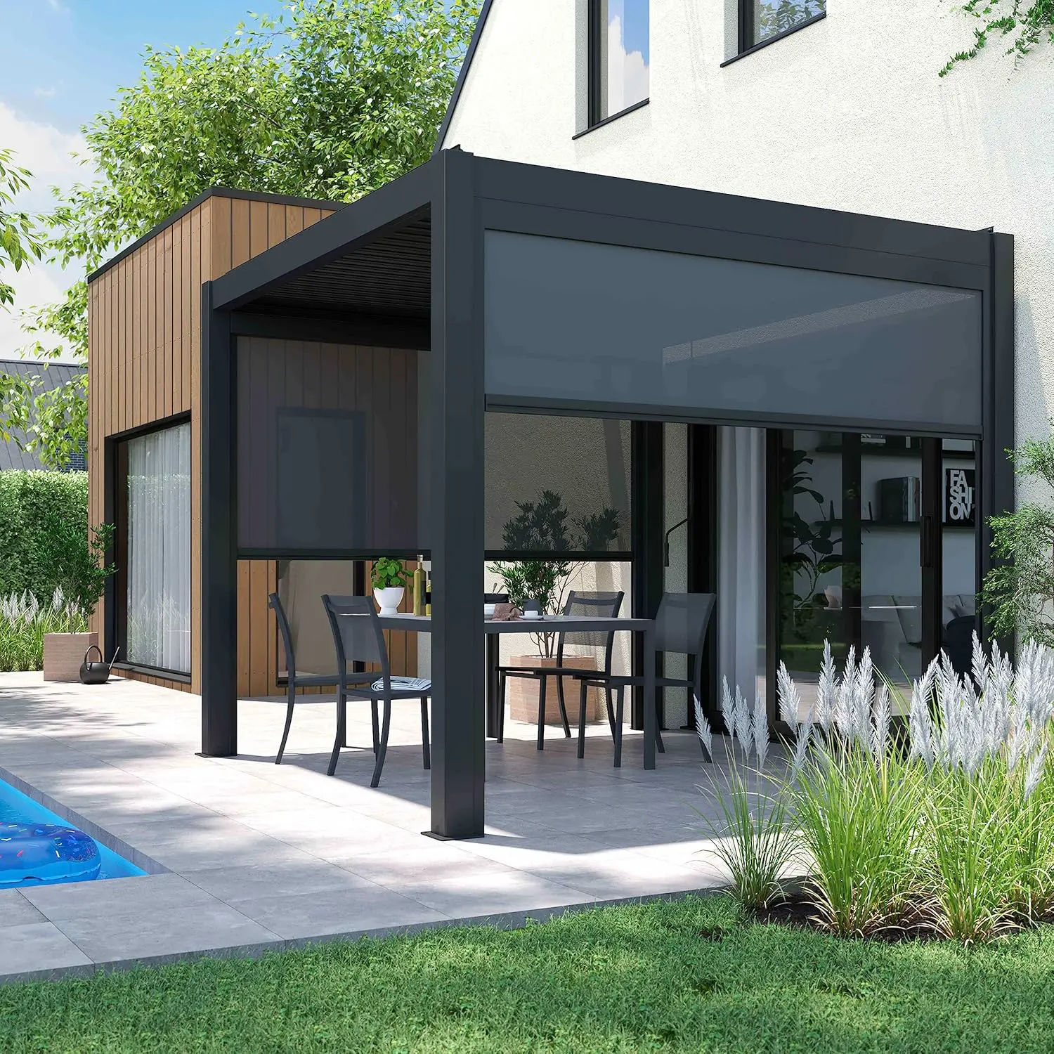 Pergola en aluminium gris 9 m² autoportée 2 stores vue 6