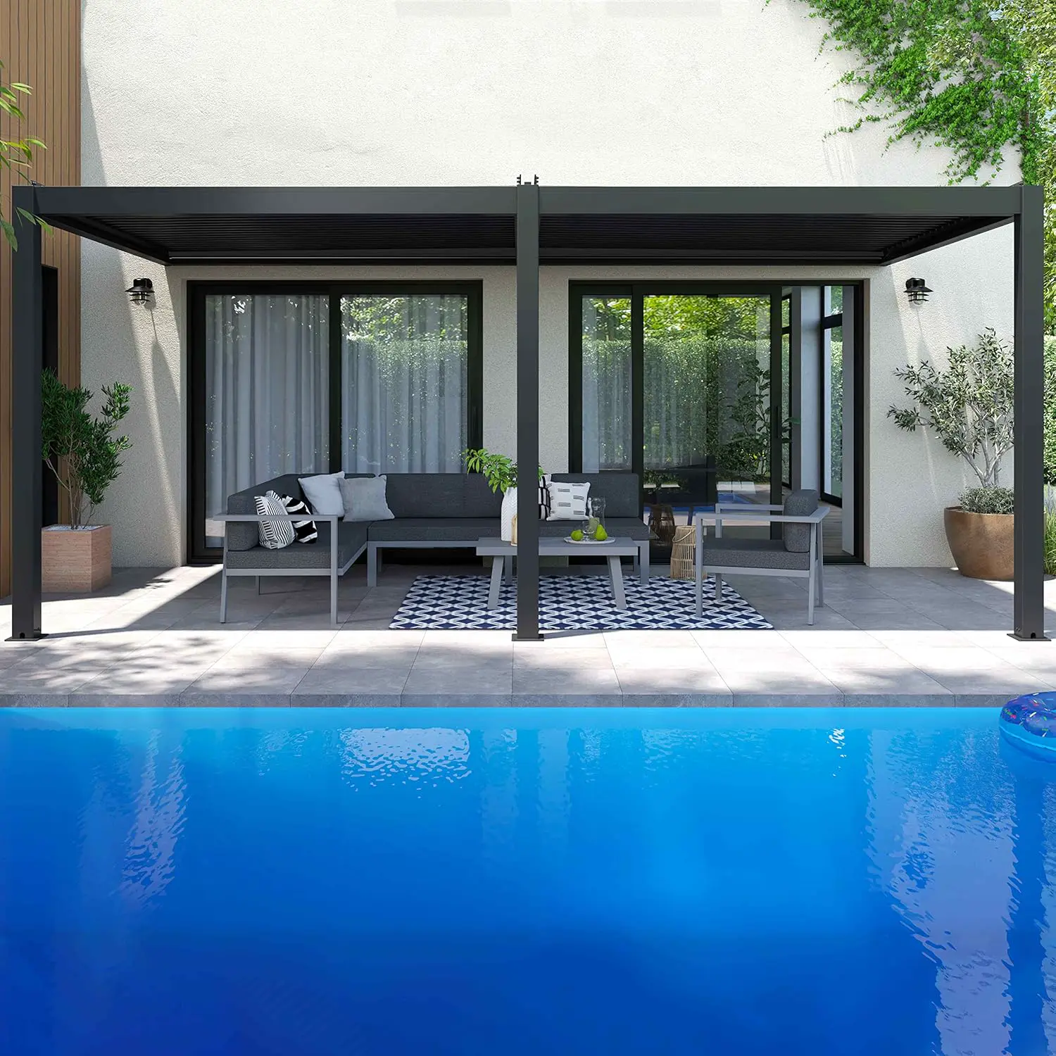 Pergola en aluminium 3x6m adossée 4 stores vue 2