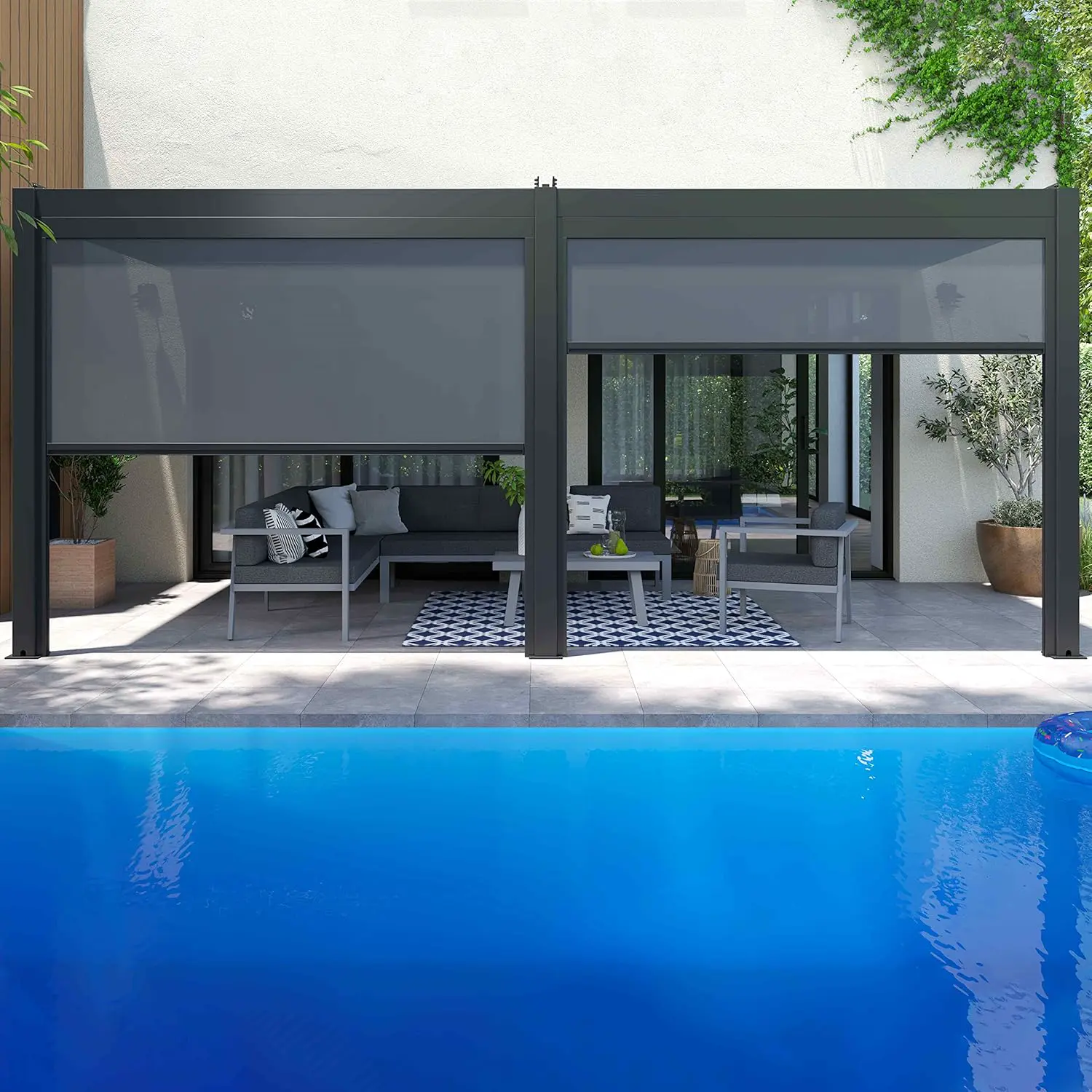 Pergola en aluminium 3x6m adossée 4 stores vue 3