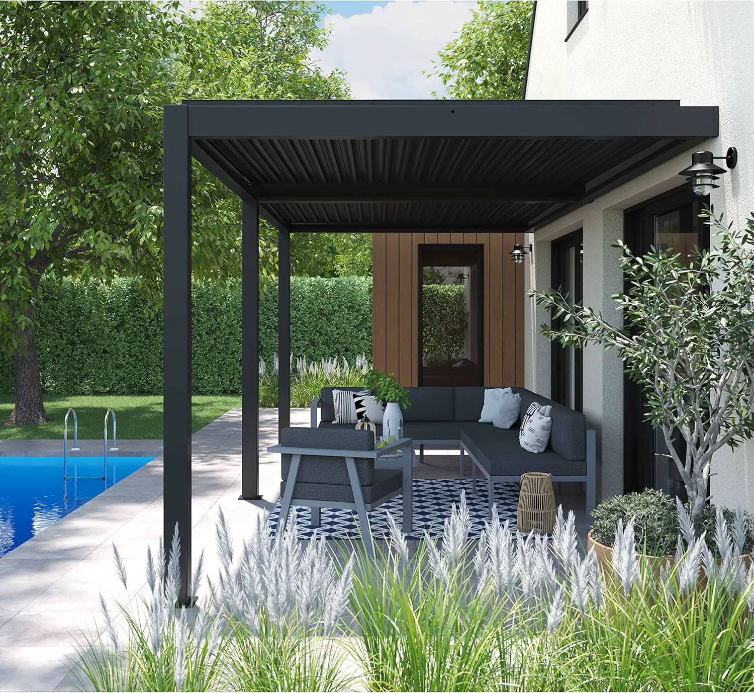 Pergola en aluminium 3x6m adossée 4 stores vue 5