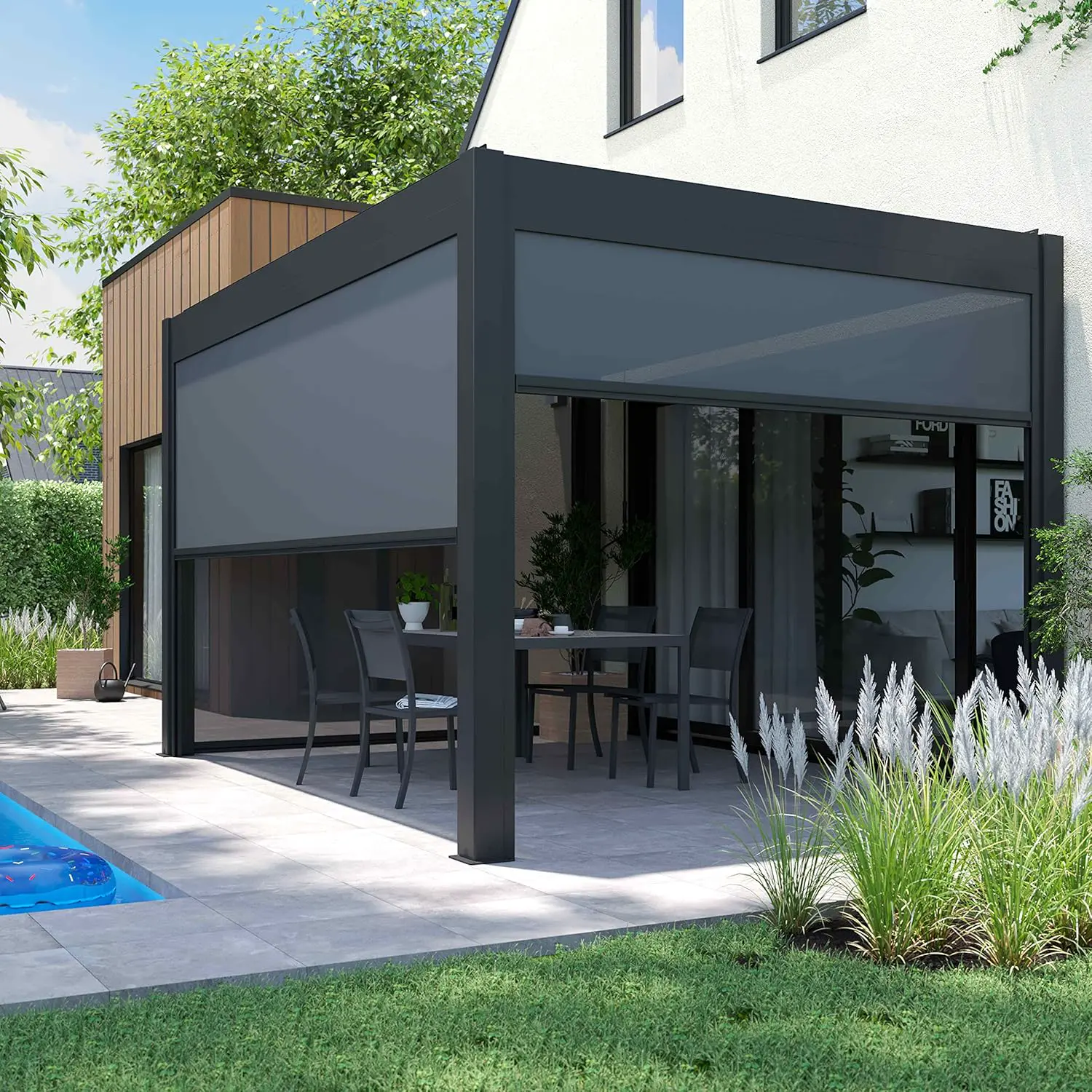 Pergola en aluminium gris 3x4m autoportée 2 stores vue 2