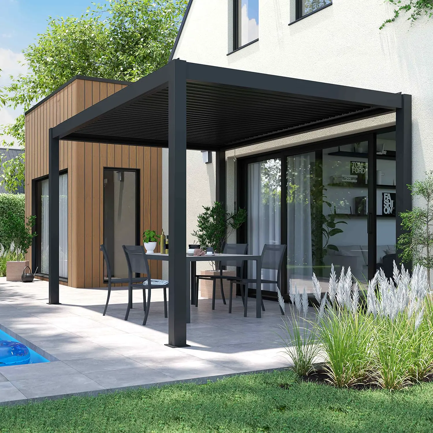 Pergola en aluminium gris 3x4m autoportée 2 stores vue 3