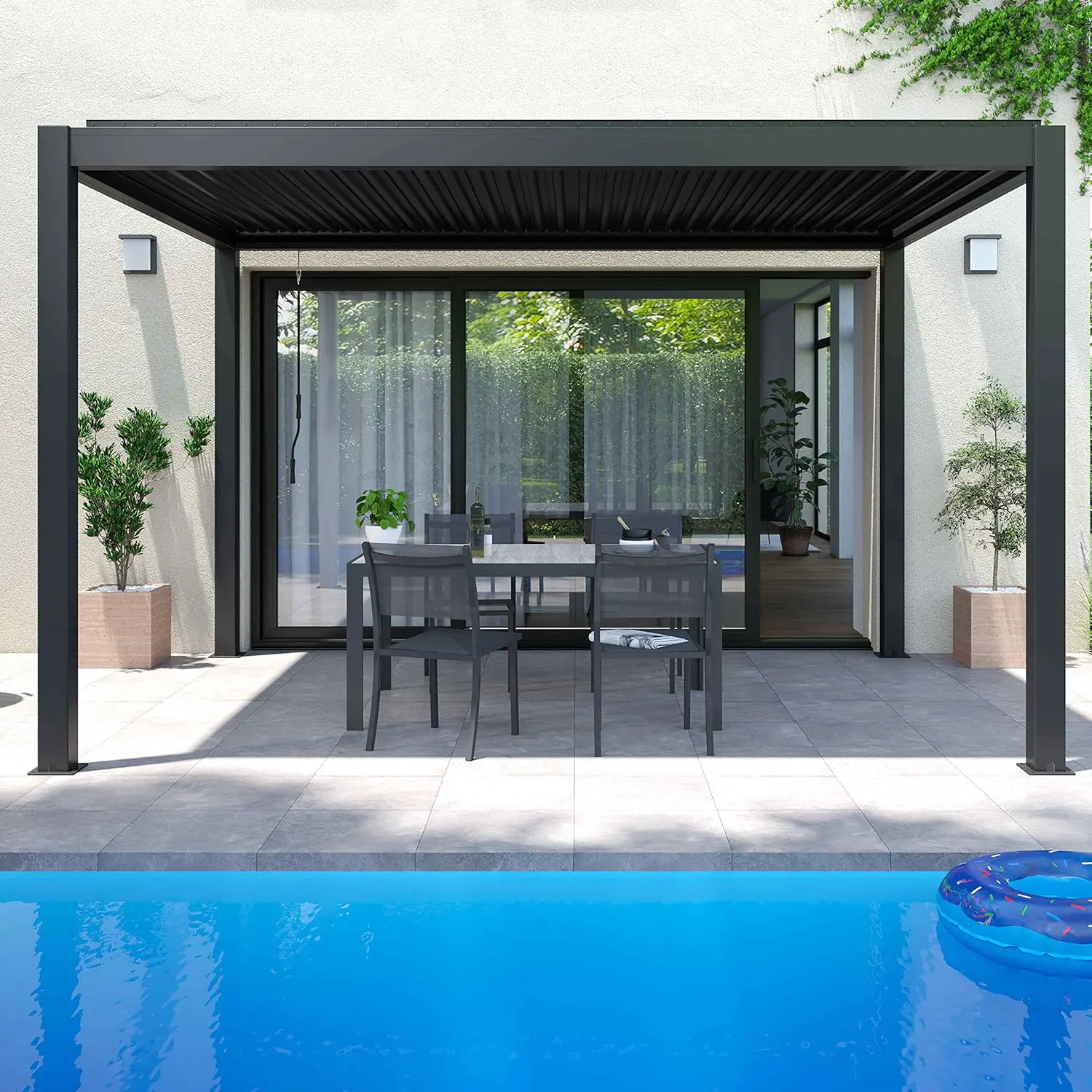 Pergola en aluminium gris 3x4m autoportée 2 stores vue 4