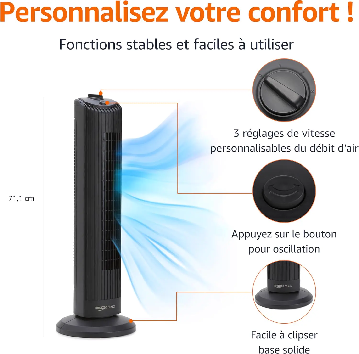 Amazon Basics Ventilateur Tour Oscillant 71 cm avec Angle de 60
