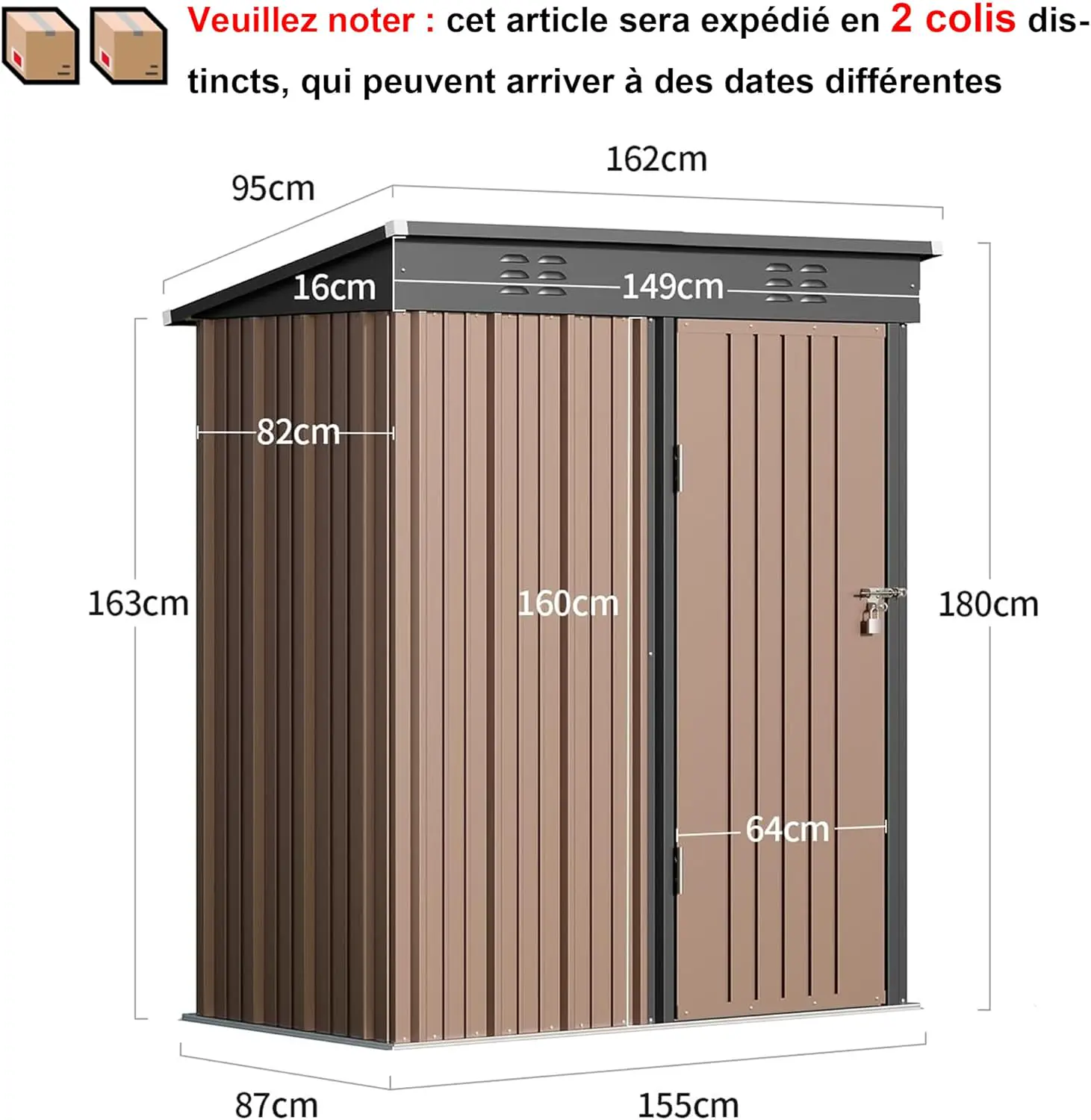 Abri de jardin en métal en métal 87 x 180 cm vue 2