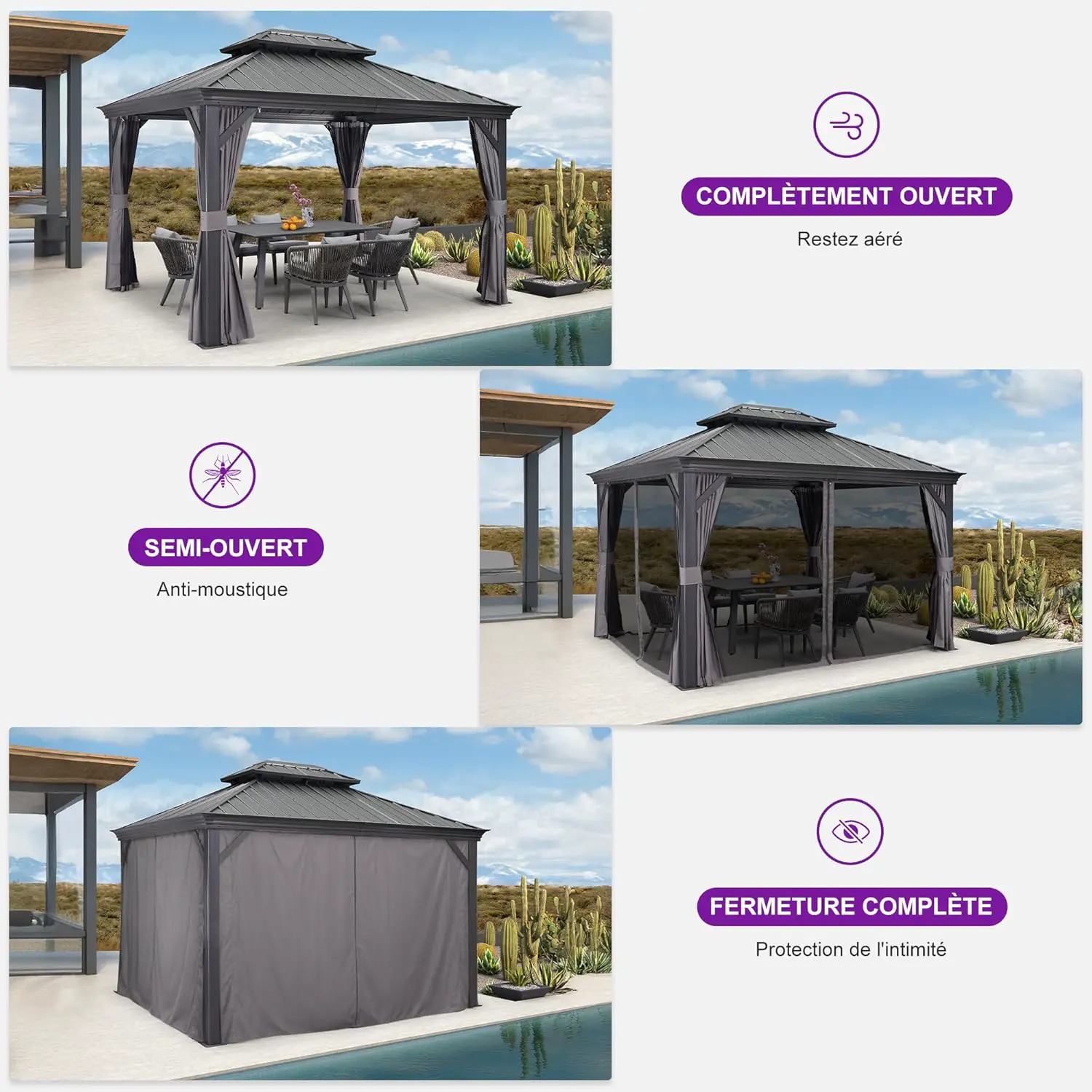 Pergola en aluminium gris 4 x 3 m vue 3
