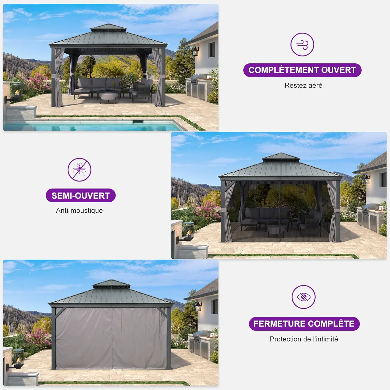 Pergola en aluminium gris 4 x 4 m vue 3