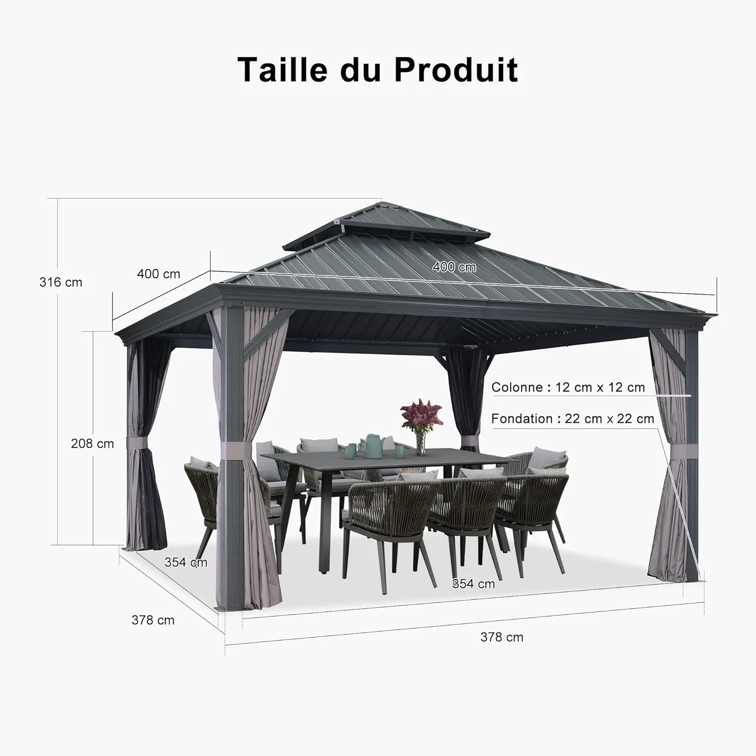 Pergola en aluminium gris 4 x 4 m vue 4