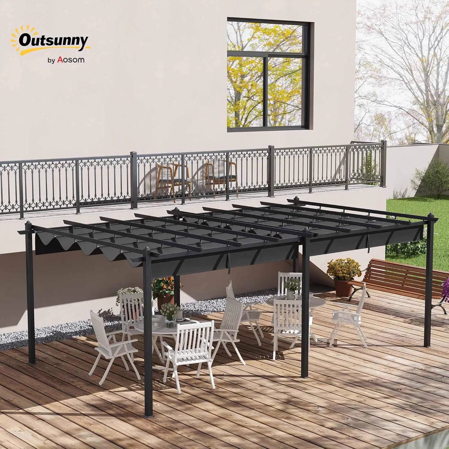 Pergola en aluminium gris 3,6 x 6 m rétractable vue 2