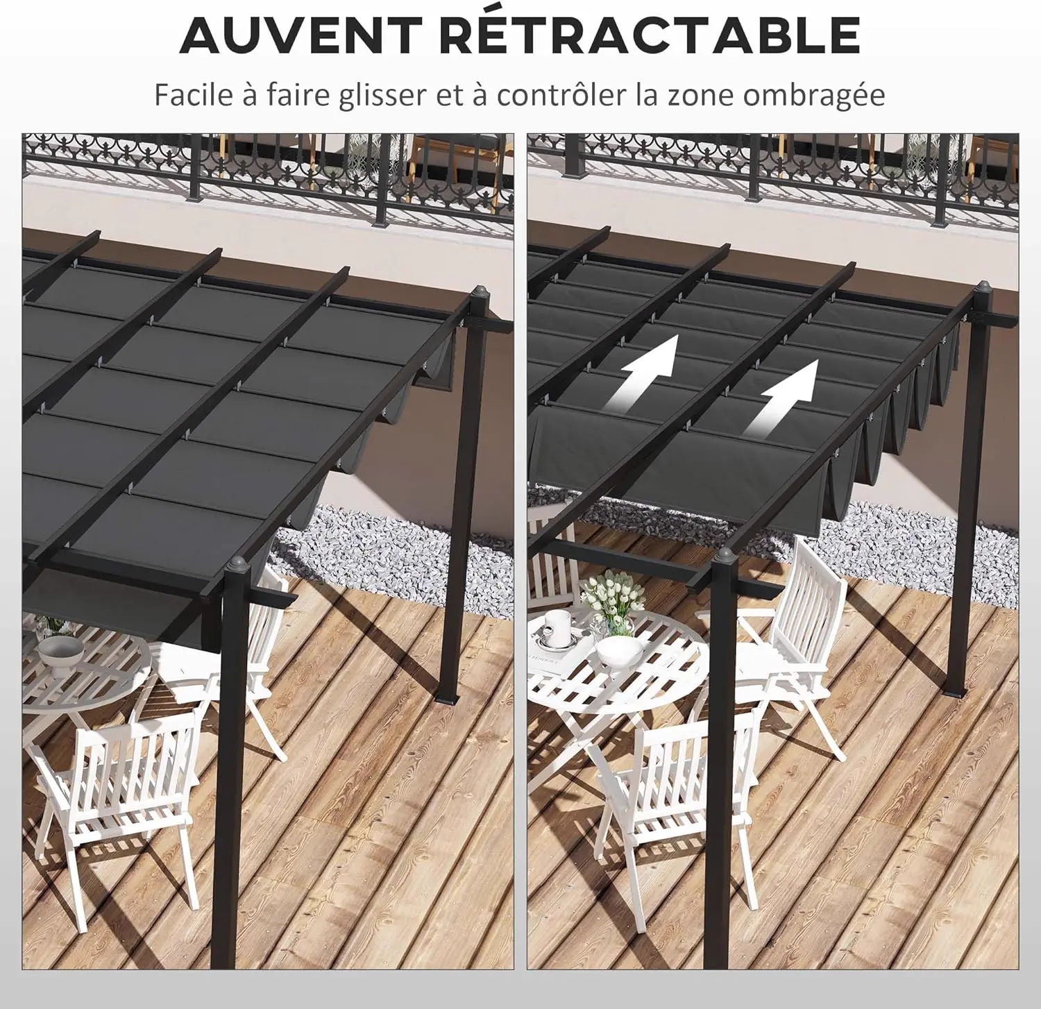 Pergola en aluminium gris 3,6 x 6 m rétractable vue 3