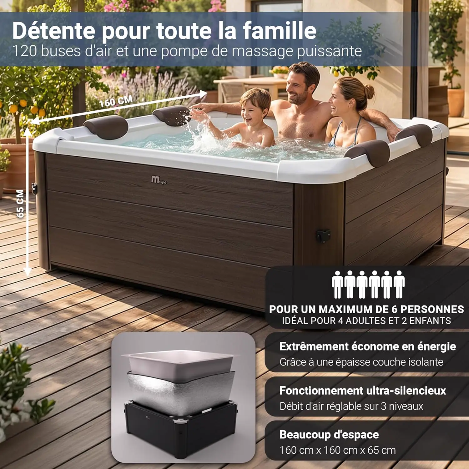 Spa gonflable 6 personnes 6 places en bois 160 x 65 cm vue 5