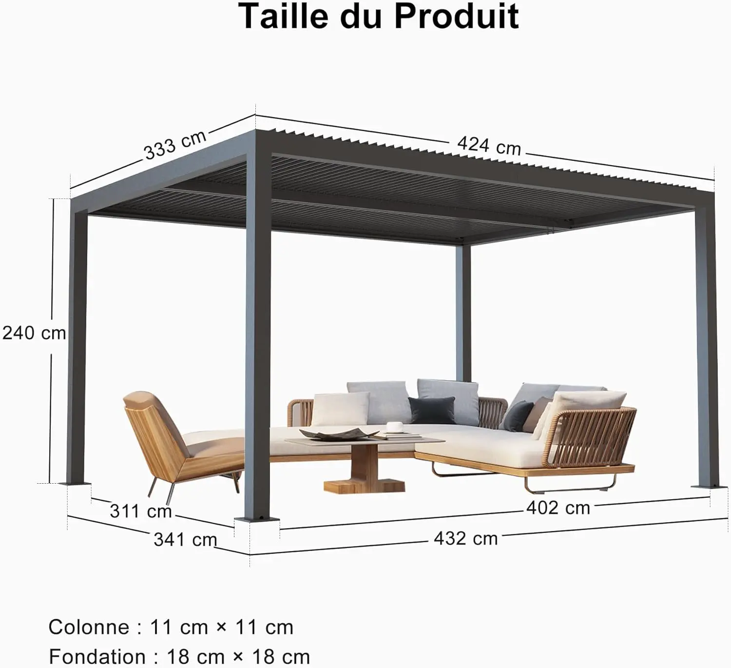 Pergola en aluminium gris 14 m² vue 3