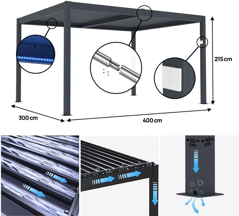 Pergola en aluminium gris 3 x 4 m motorisée vue 4