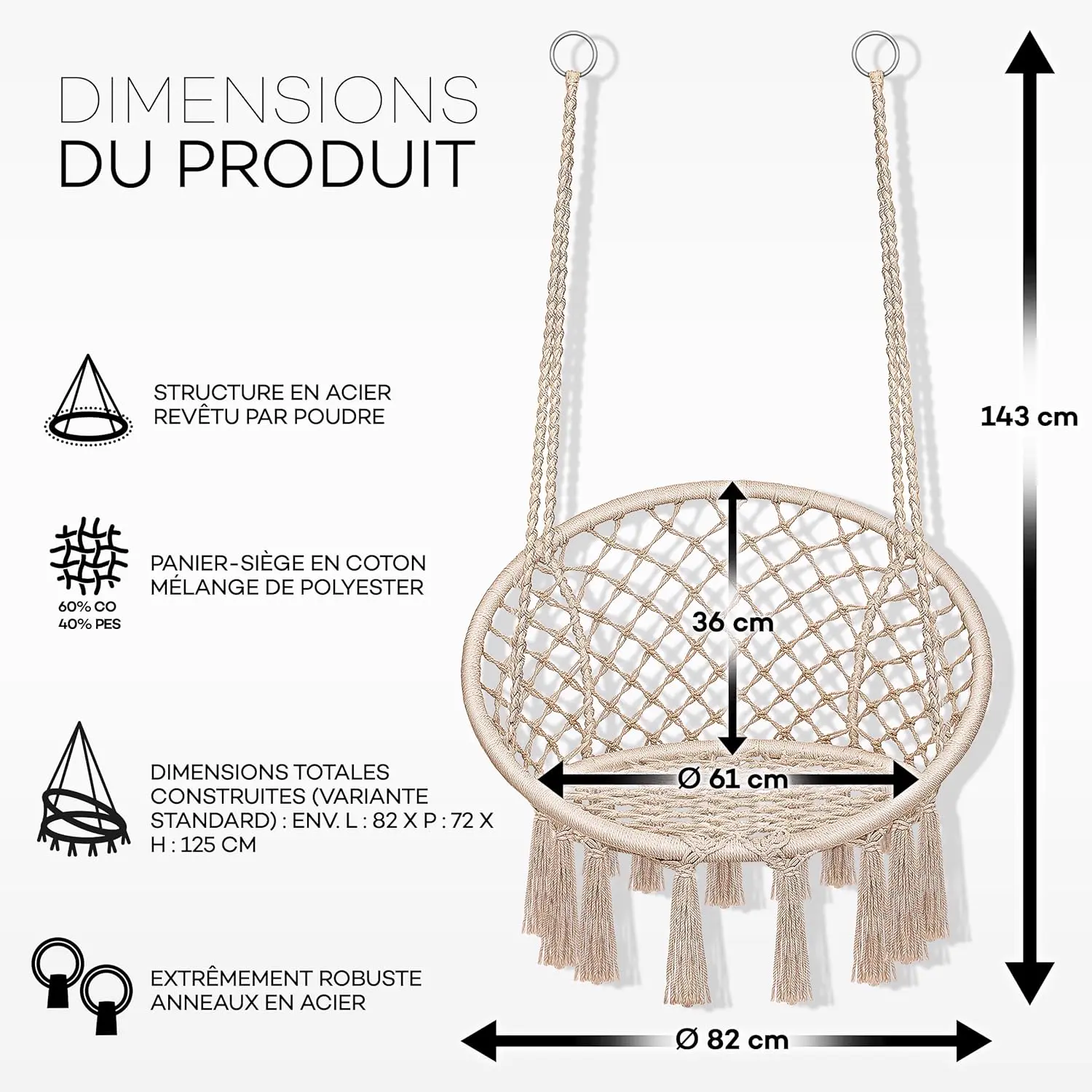 Fauteuils suspendus en acier 77 x 143 cm vue 5