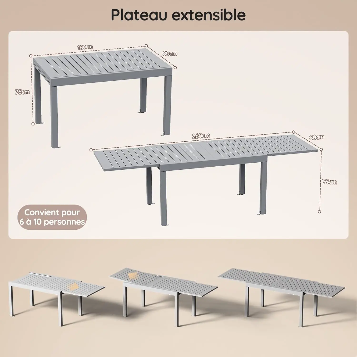 Table de jardin 8 places en métal gris 130 x 80 vue 3