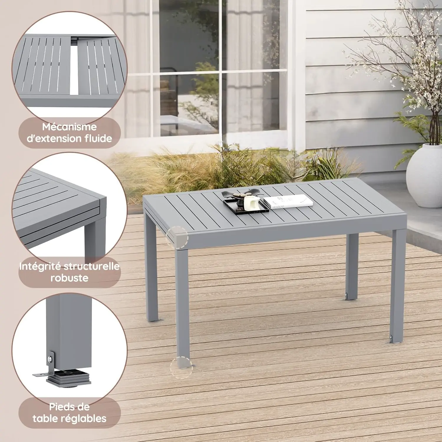 Table de jardin 8 places en métal gris 130 x 80 vue 7