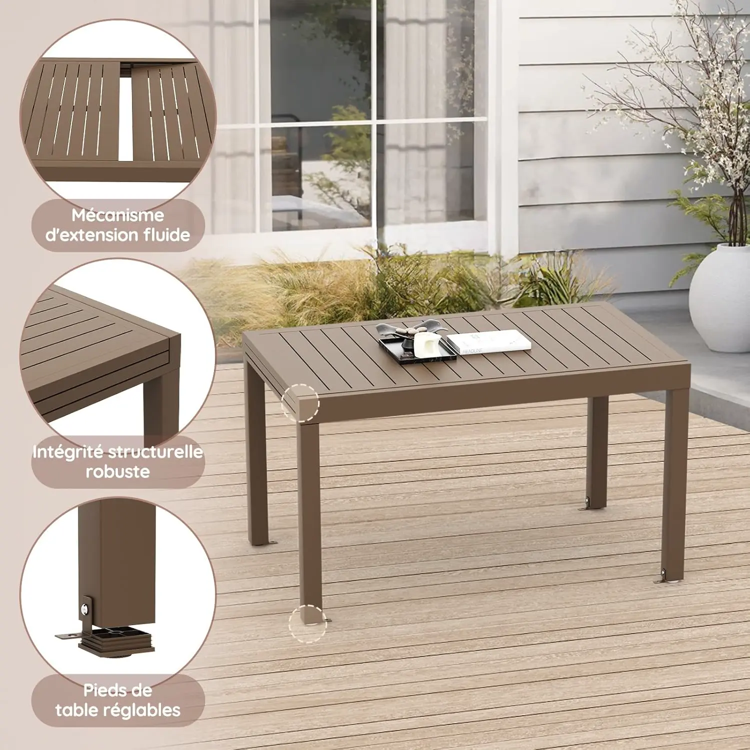 Table de jardin 8 places en métal marron 72,5 x 160 vue 6