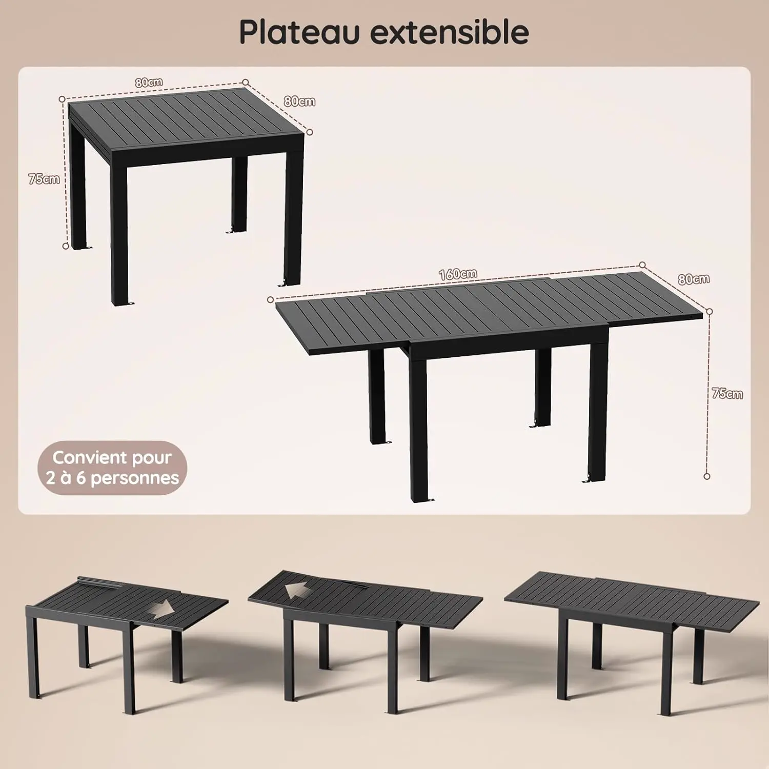 Table de jardin 8 places en aluminium gris 80 x 75 cm vue 3