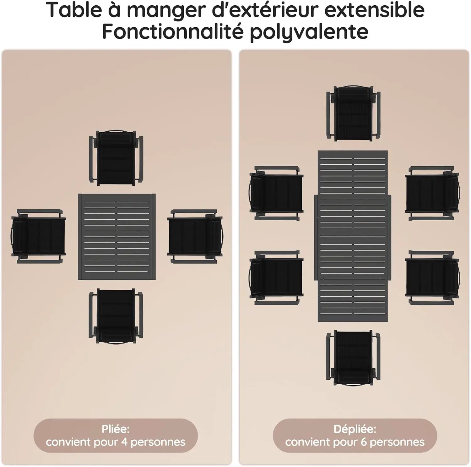 Table de jardin 8 places en aluminium gris 80 x 75 cm vue 5