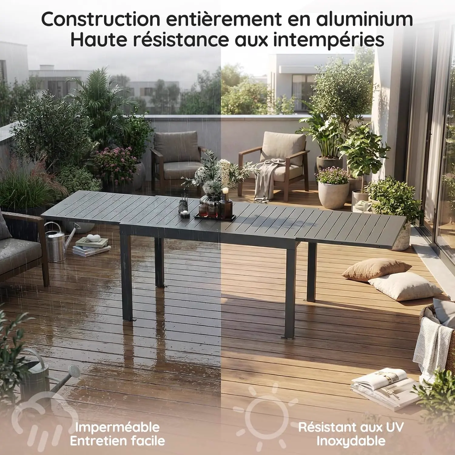 Table de jardin 8 places en aluminium gris 80 x 75 cm vue 6