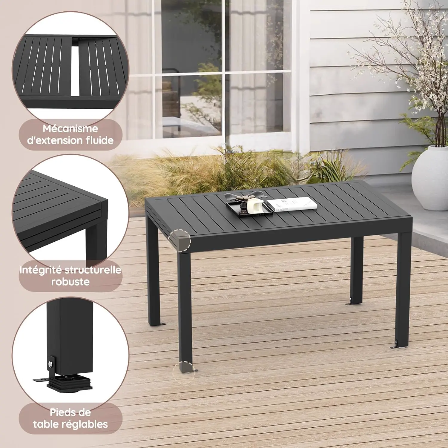 Table de jardin 8 places en aluminium gris 80 x 75 cm vue 7