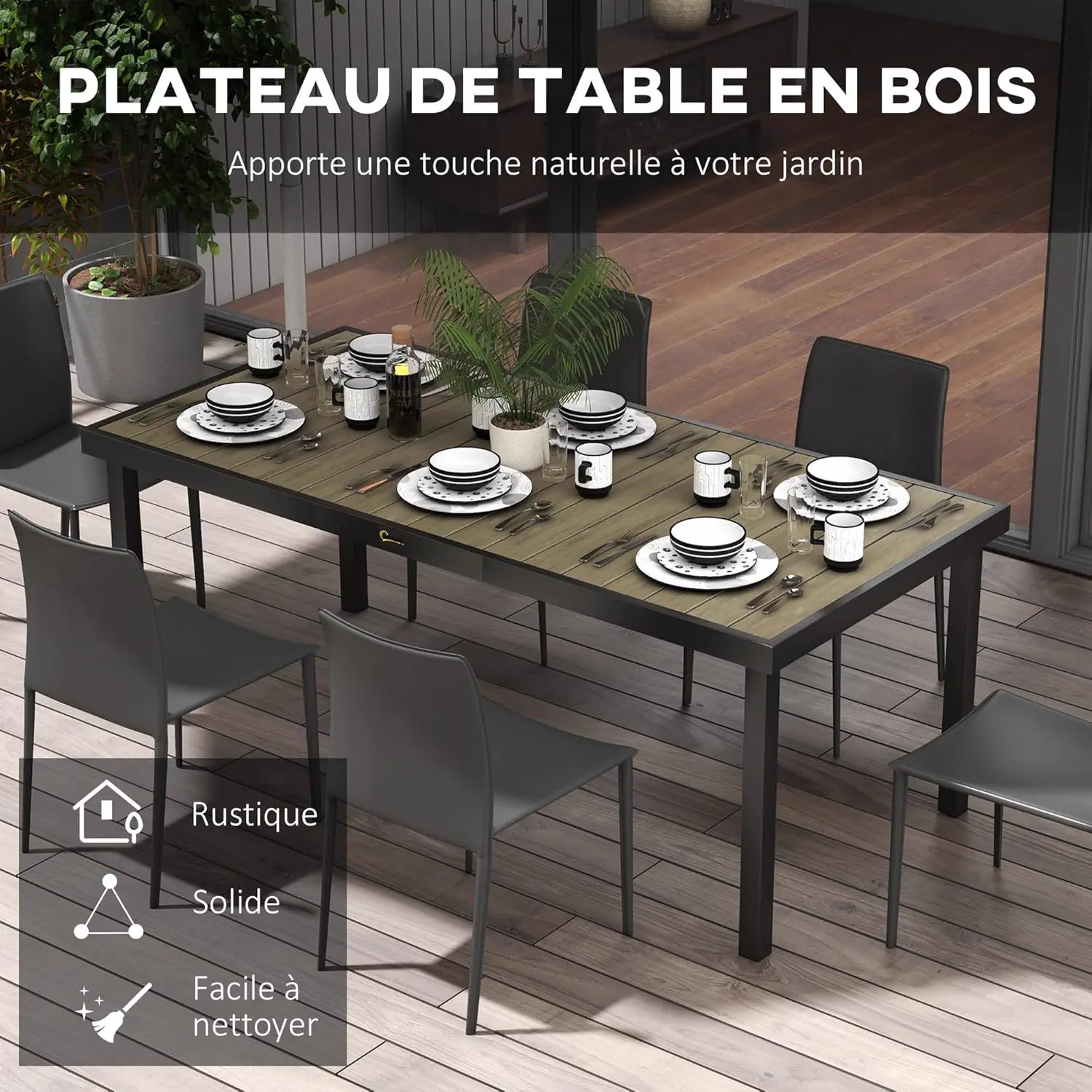 Table de jardin 8 places en aluminium marron 90 x 74 cm vue 4