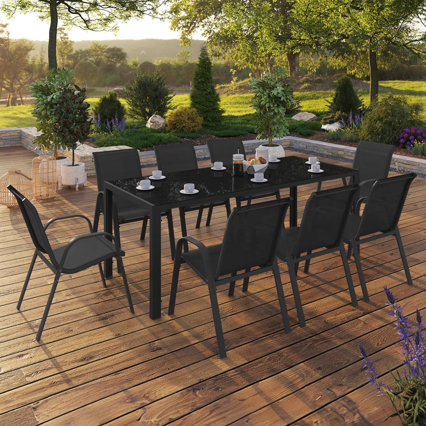 Table de jardin 8 places en acier noir vue 2