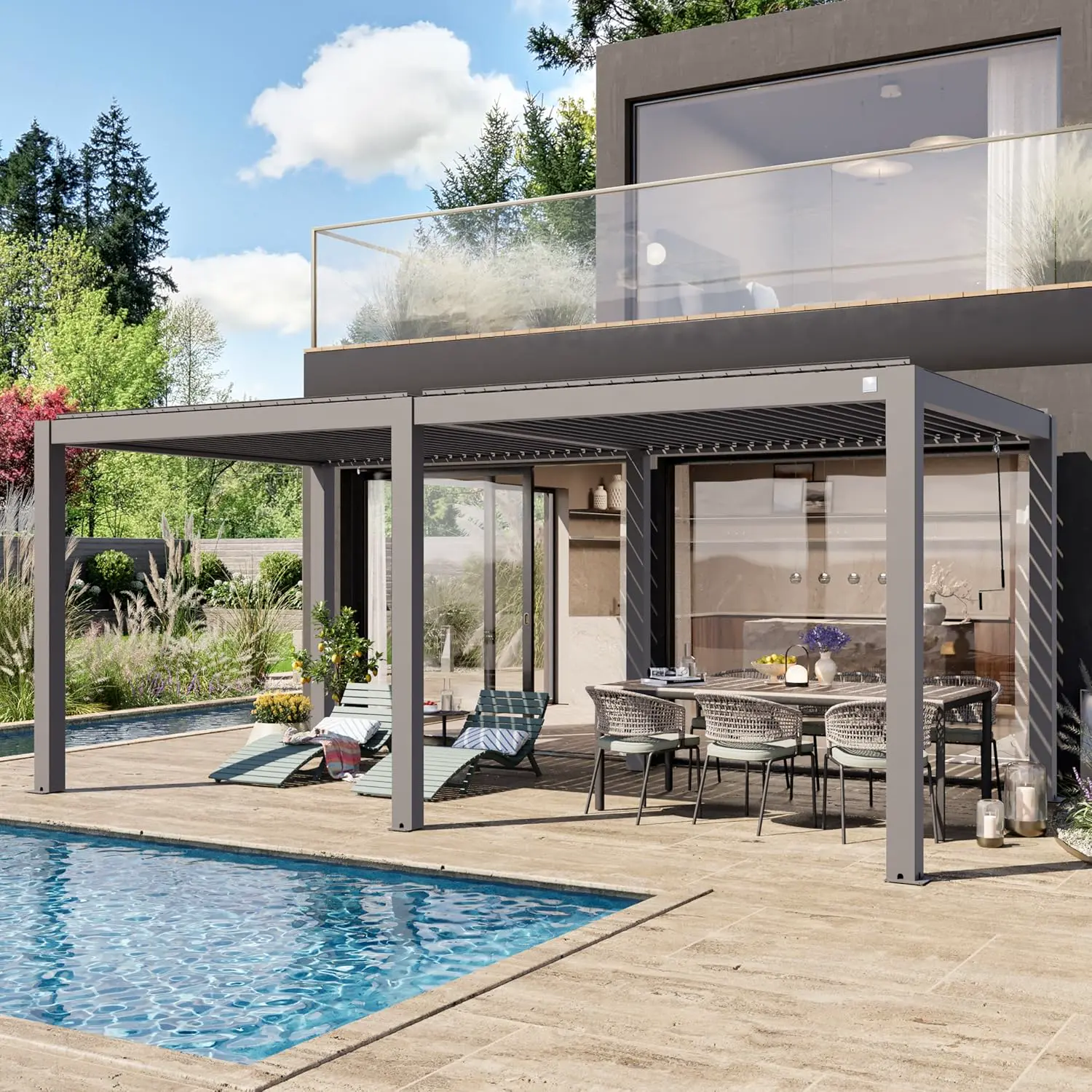 Pergola en aluminium gris 3x6 m vue 2