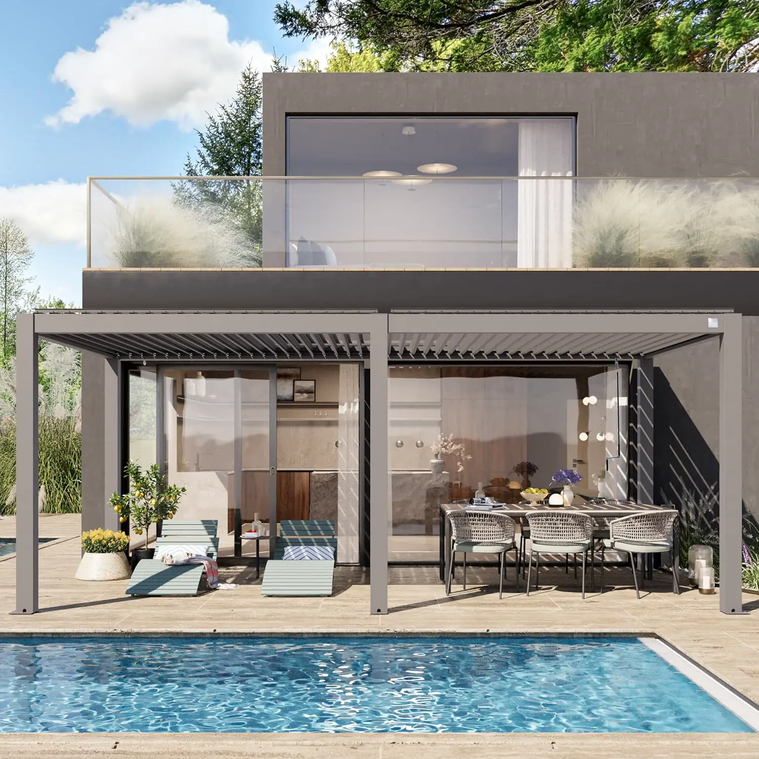Pergola en aluminium gris 3x6 m vue 3