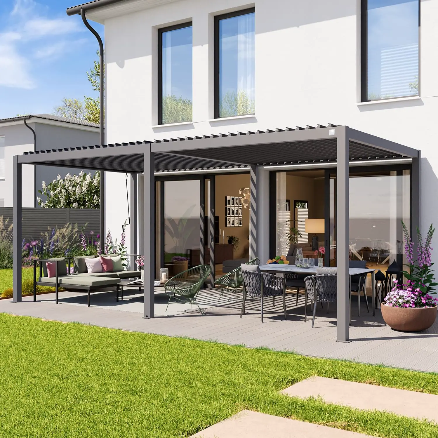 Pergola en aluminium gris 3x6 m vue 2