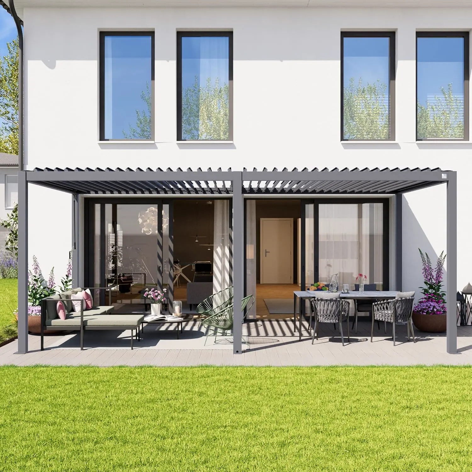 Pergola en aluminium gris 3x6 m vue 3