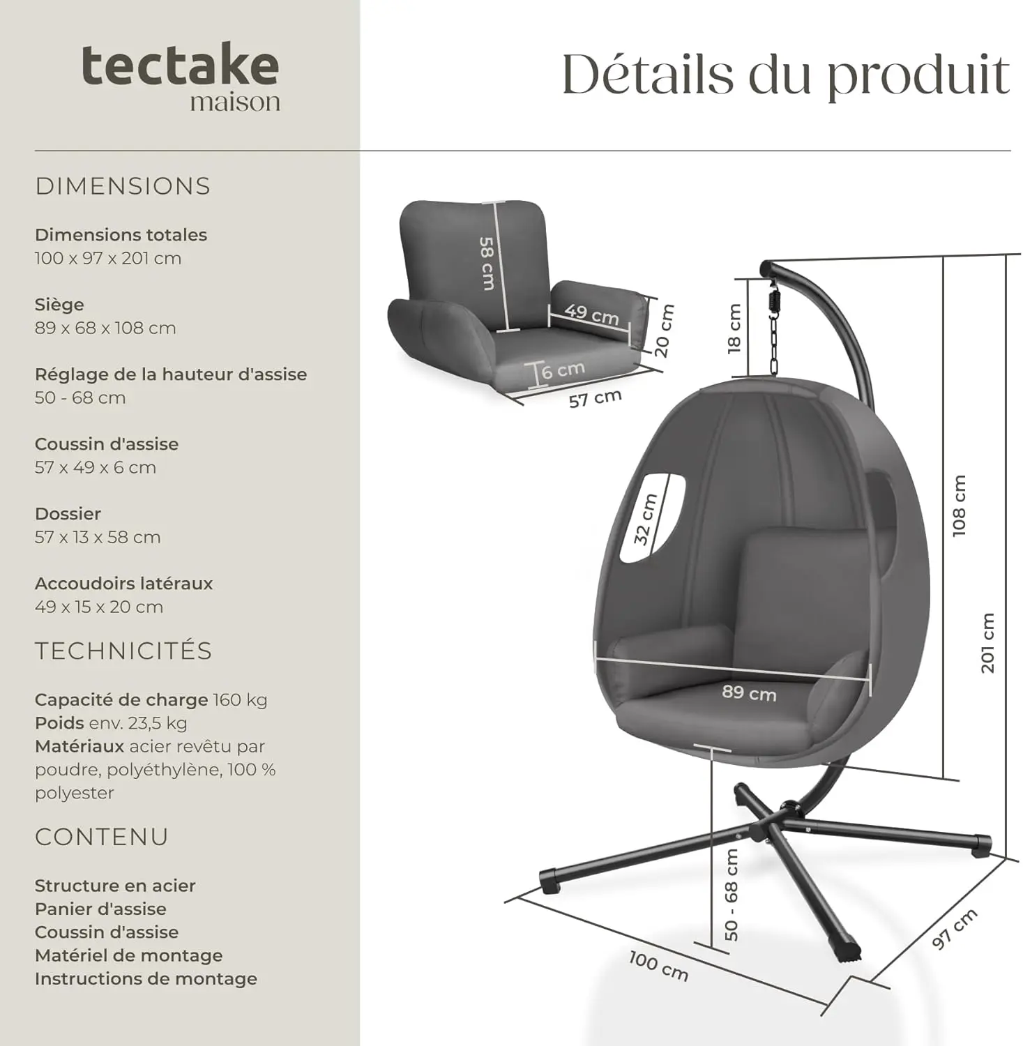 Fauteuils suspendus en acier vue 3
