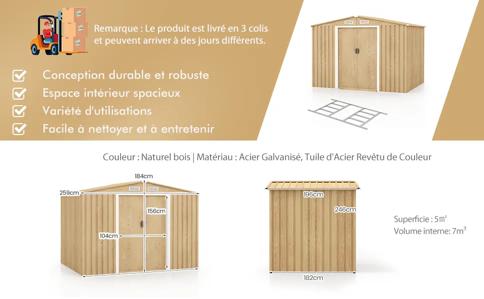 Abri de jardin en bois en acier 5 m² — contenu détaillé 5