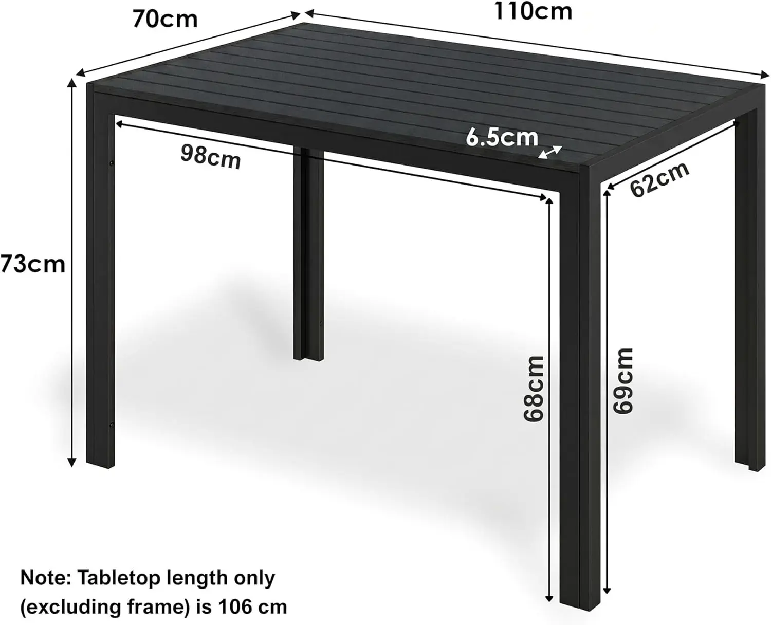 Table de jardin 6 places en aluminium noir 110 x 70 cm vue 2