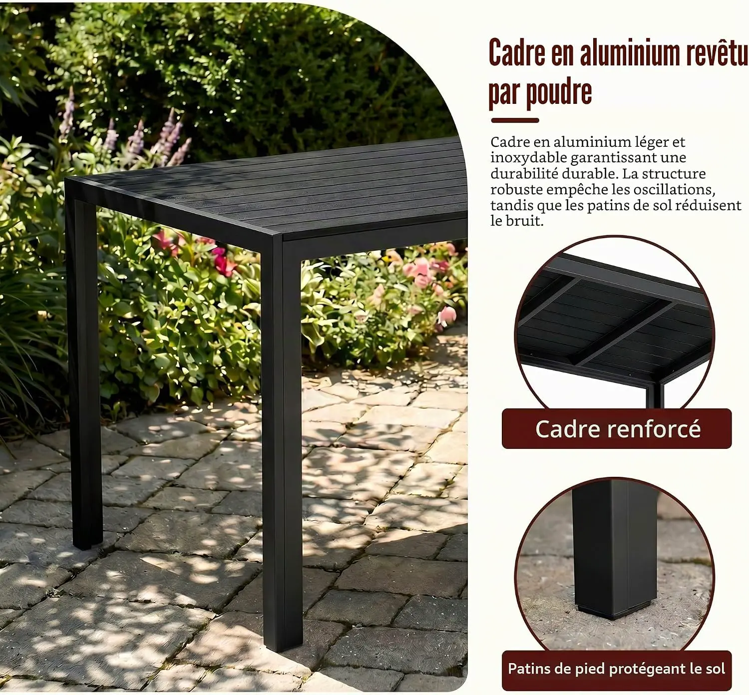 Table de jardin 6 places en aluminium noir 110 x 70 cm vue 6