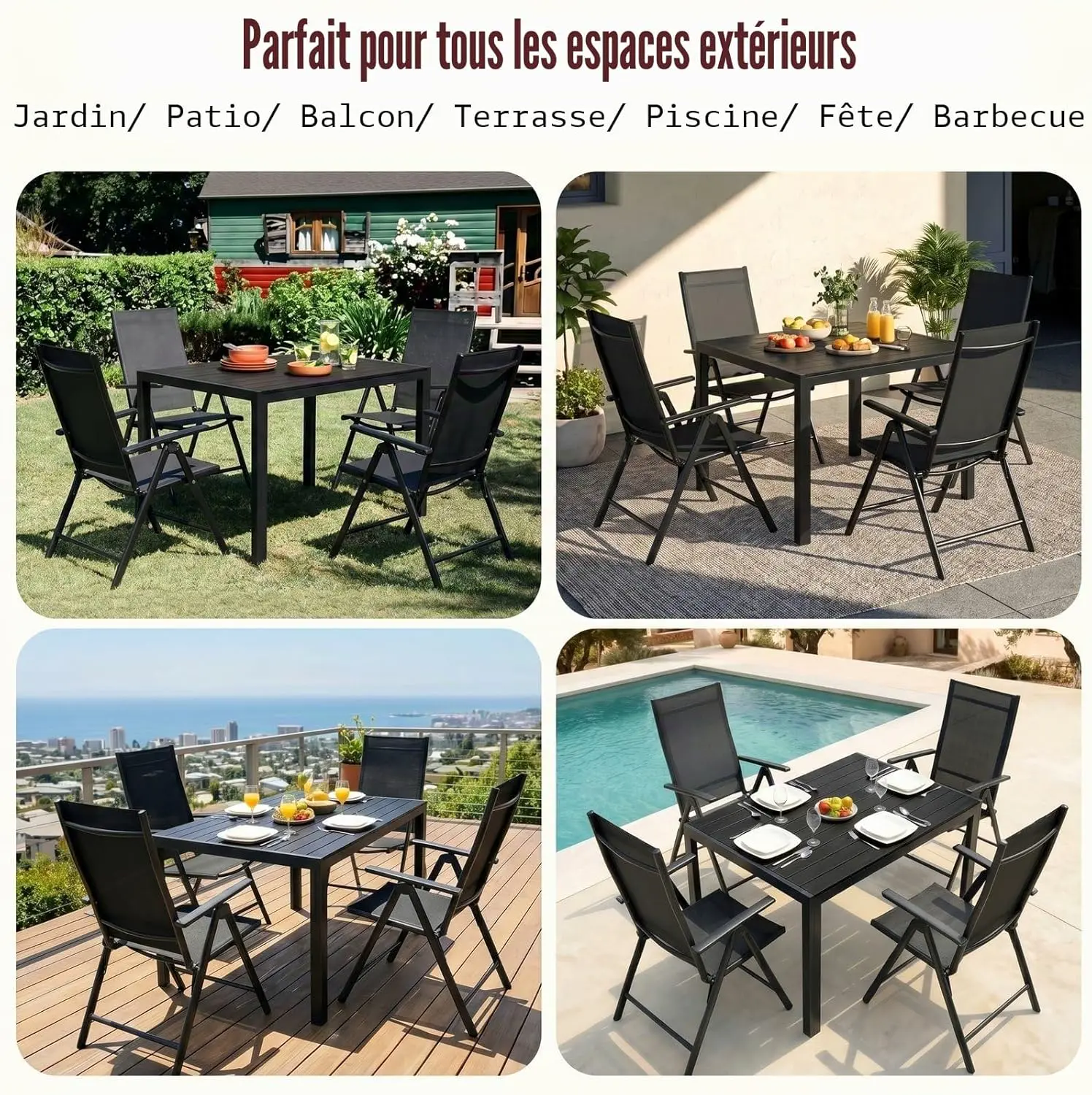 Table de jardin 6 places en aluminium noir 110 x 70 cm vue 8