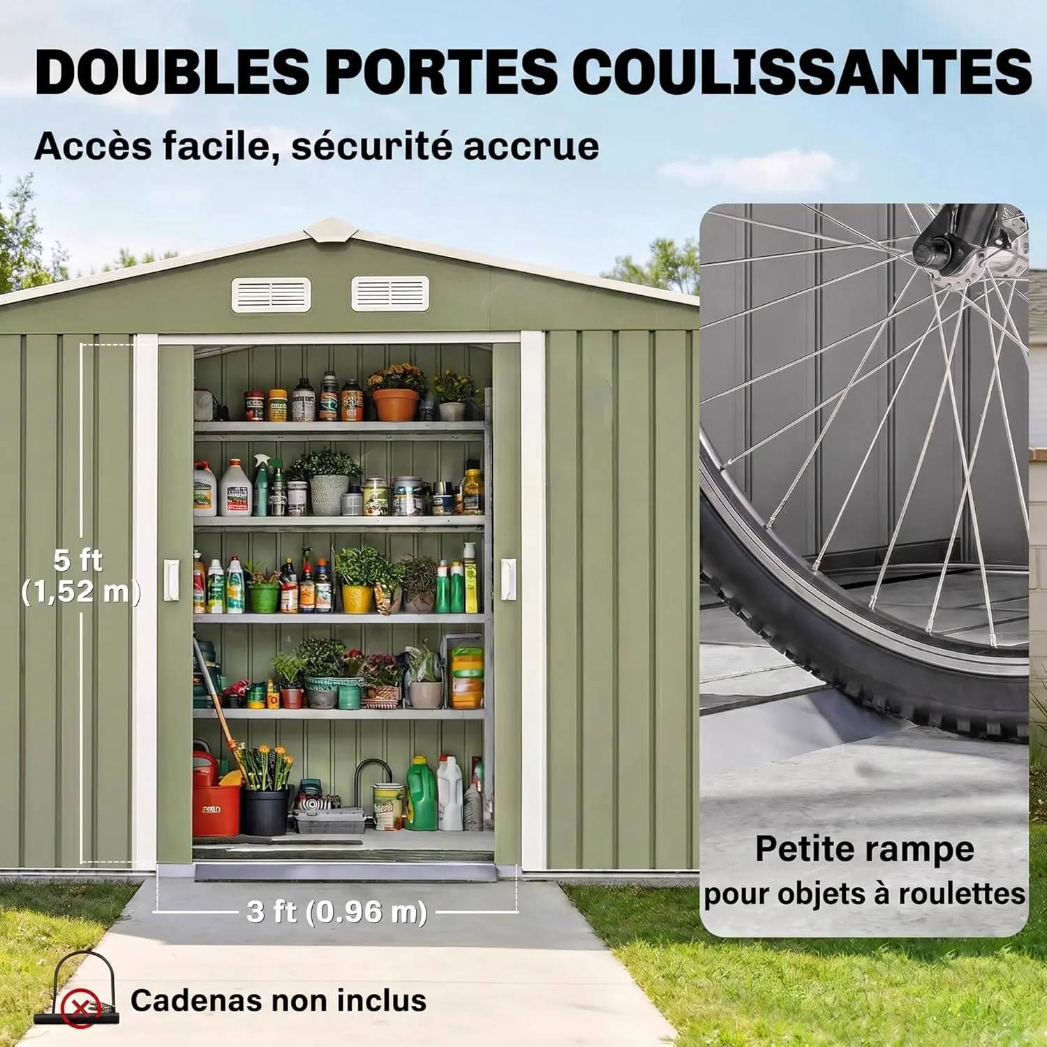 Abri de jardin en métal en acier vert 5,4 m² vue 4