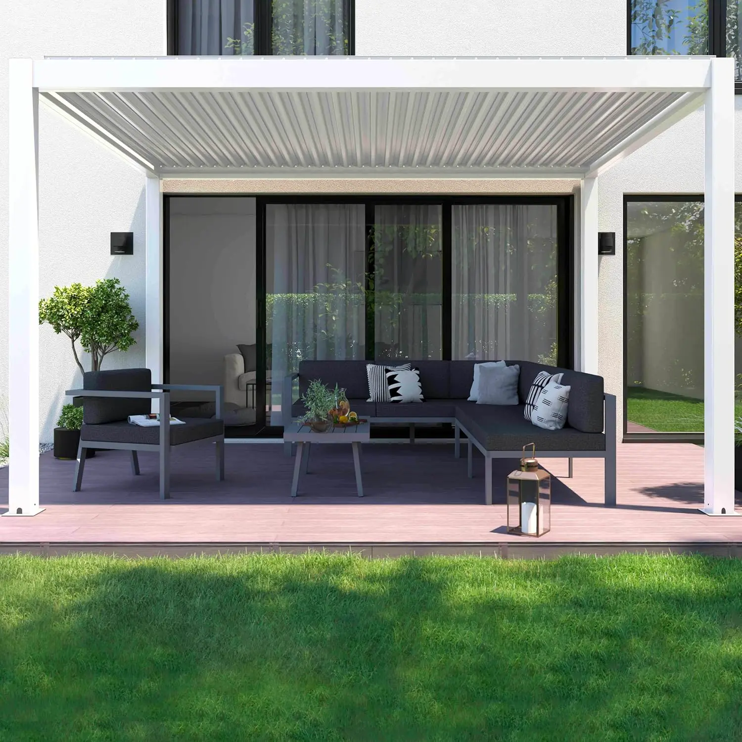 Pergola en aluminium blanc 12m² autoportée motorisée vue 2
