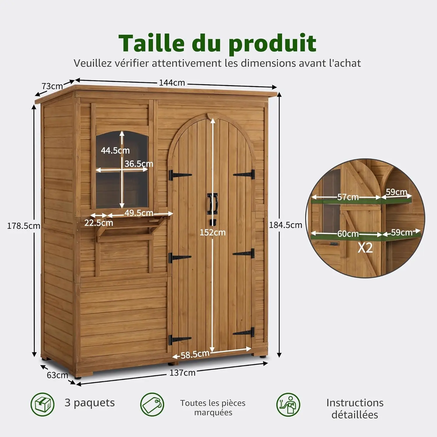 Abri de jardin en bois en bois naturel 144 × 185 cm vue 3
