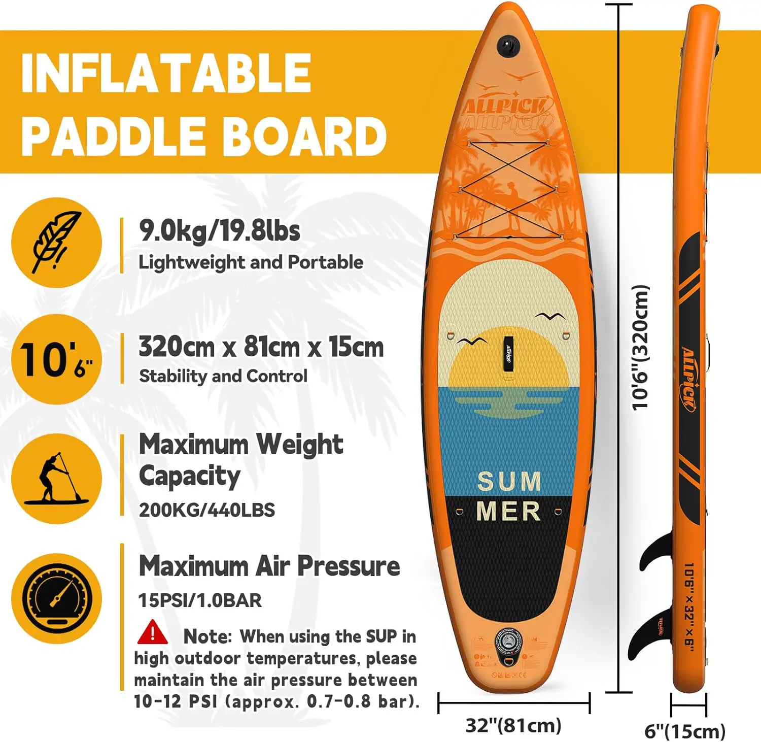 Paddle gonflable orange vue 3