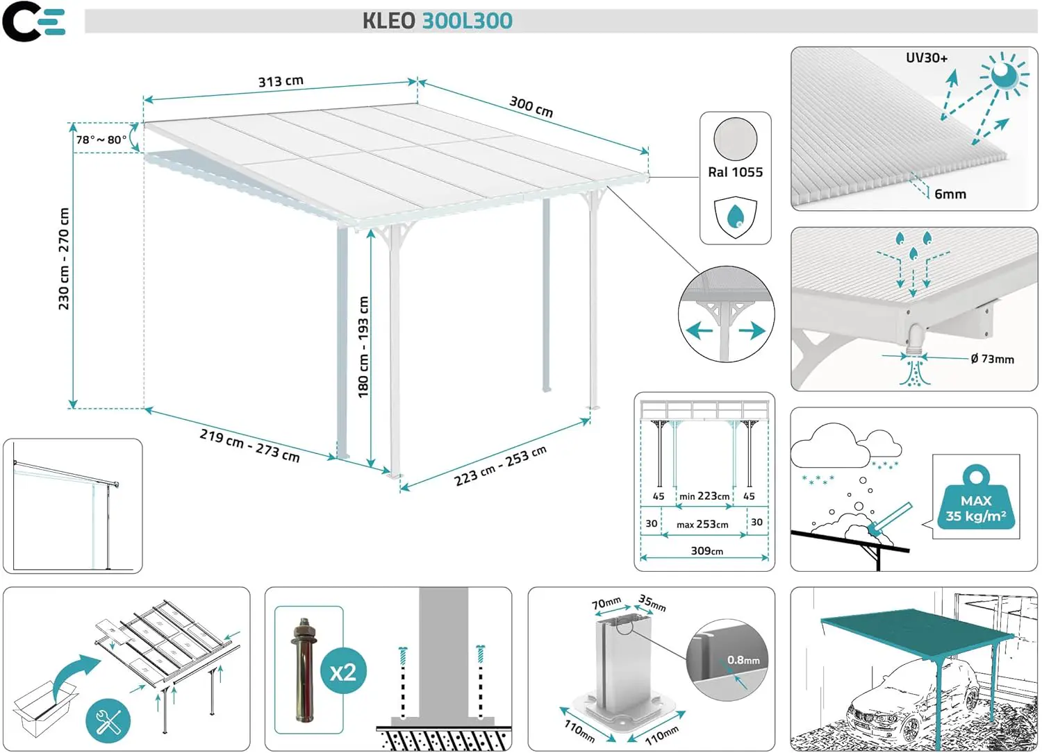 Pergola en aluminium blanc 9m² adossée vue 2