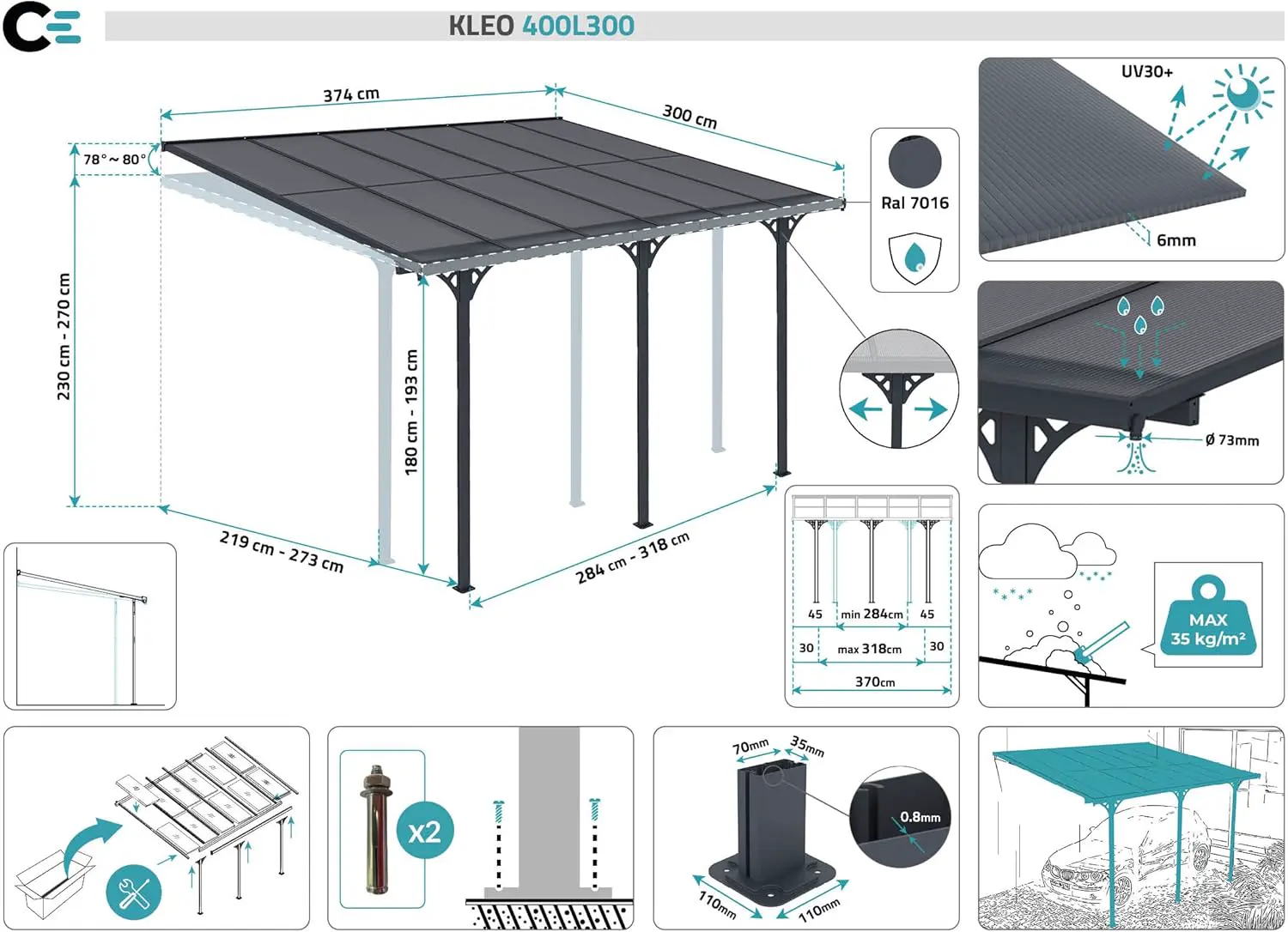 Pergola en aluminium gris 15 m² adossée vue 2
