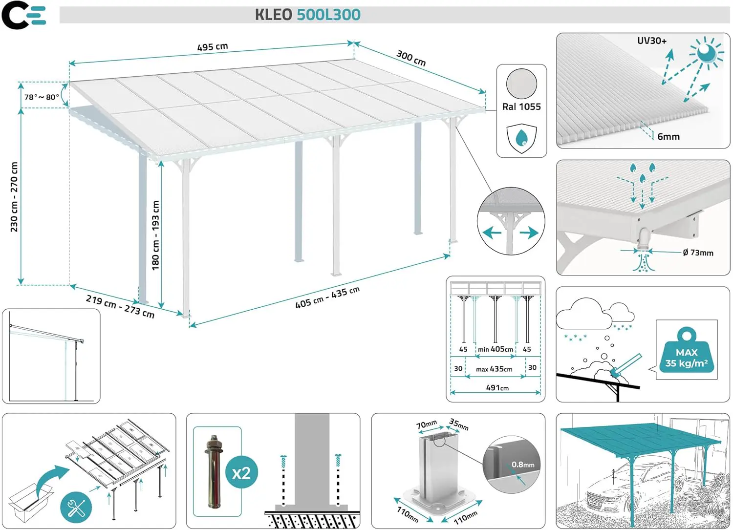 Pergola en aluminium blanc 14,85 m² adossée vue 2