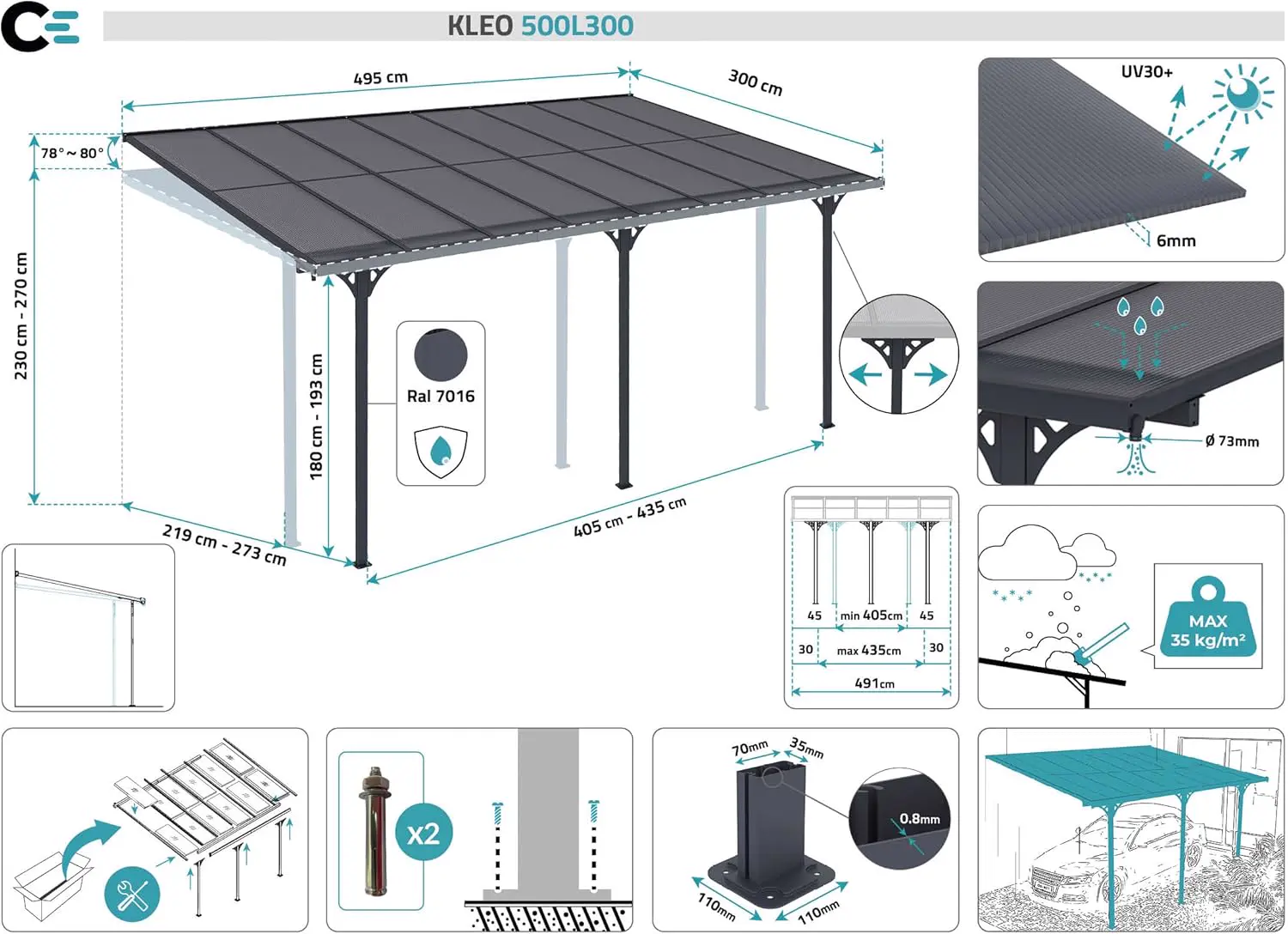 Pergola en aluminium gris 15 m² adossée vue 2