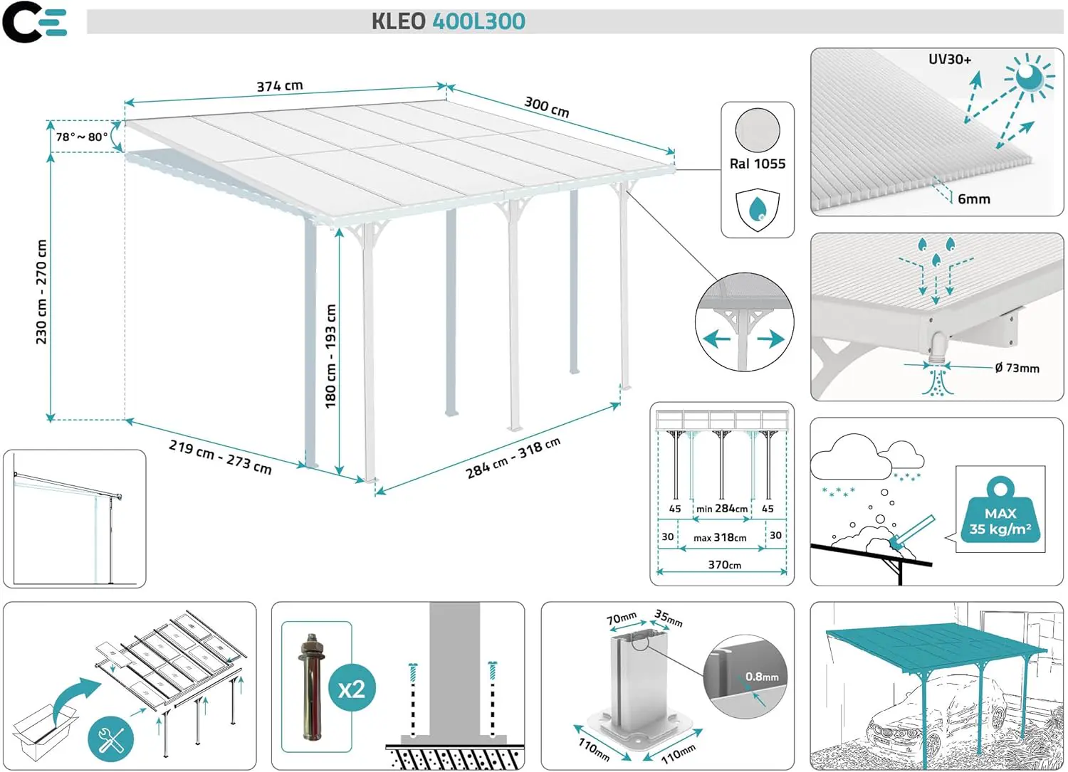 Pergola en aluminium blanc 12m² adossée vue 2